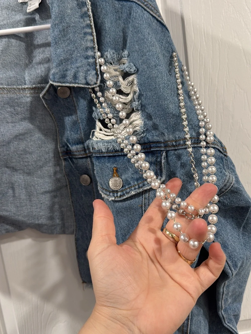 Forever 21 Cropped Blue Distressed Denim Jacket with Pearl Chains